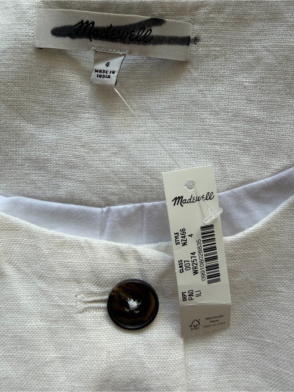 Madewell Button-Front 100% Linen Shell Top Ivory Size 4 NWT - Picture 8 of 11